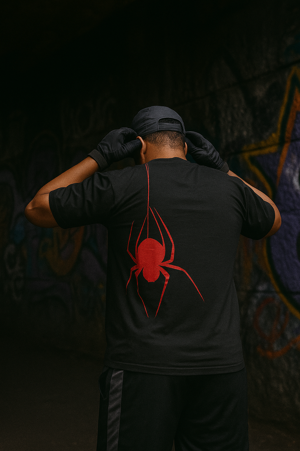 Person wearing a black t-shirt with a red spider design, standing against a dark background.